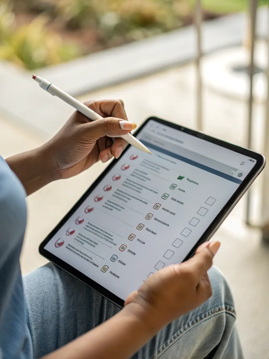 A close-up shot of a hand using a stylus on a tablet to design a custom sticker with the Graphic Pros online design tool, showcasing the user-friendly interface and precise design capabilities.